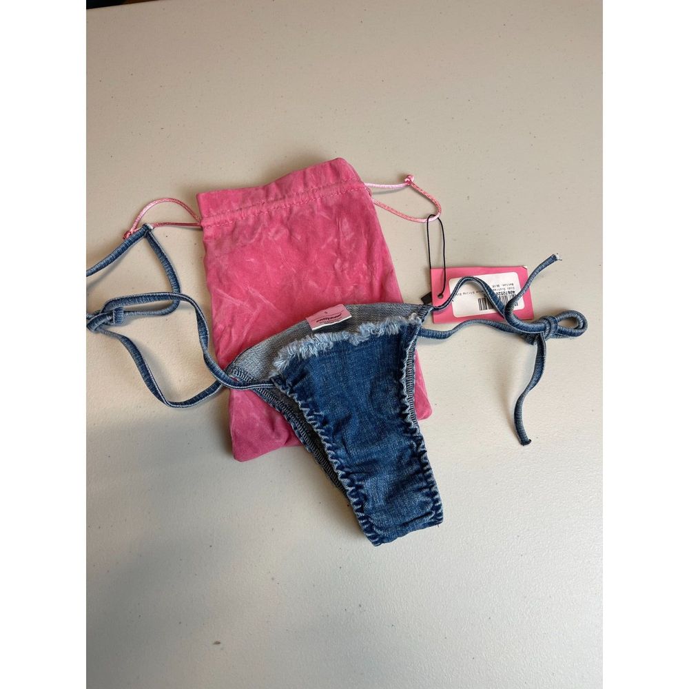 Edikted Distressed Denim String Bikini Bottom – Size S, Y2K Aesthetic